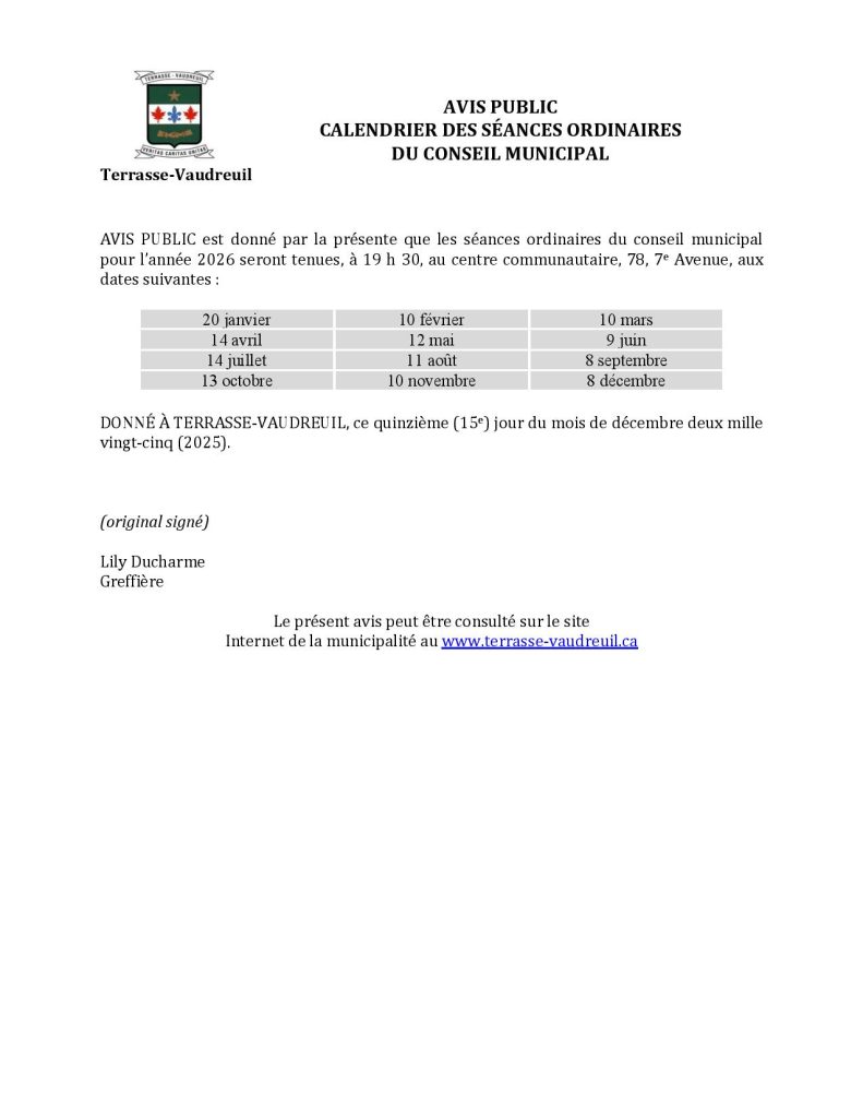 calendrier des séances du conseil municipal pour l année 2026 page 001